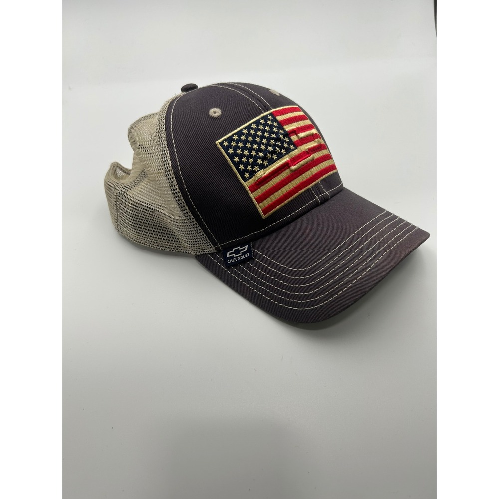 Chevrolet American Flag Trucker Hat Mesh Snapback Grey Tan Chevy Bowtie Cap